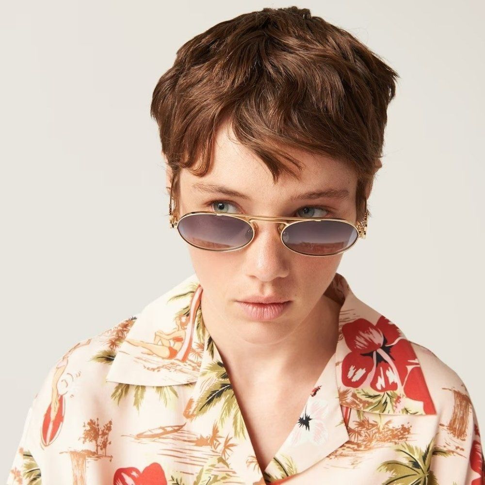 NEW Miu Miu MU54ZS 5AK30C Gold Grey Gradient Mirror Pilot Unisex Sunglasses - Picture 2 of 12